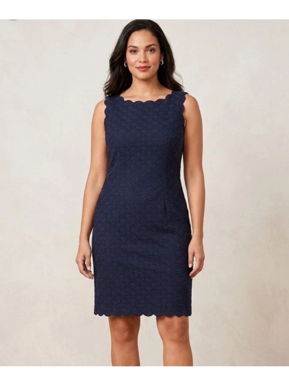 NWT Talbots RSVP navy blue scalloped hem sheath dress in jacquard fabric. 6P